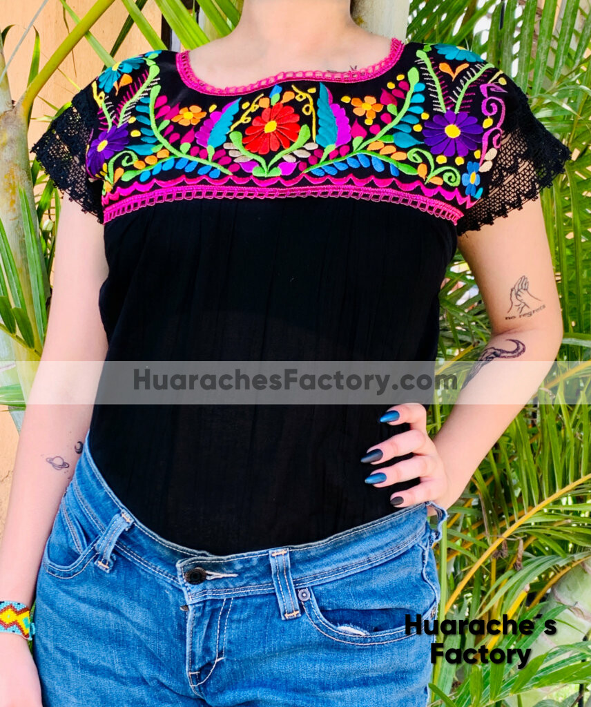 Superposición lucha corazón perdido rj00645 Blusa de manta negro bordada a maquina de flores artesanal mexicano  para mujer hecho en Chiapas mayoreo fabrica - Huarache´s Factory