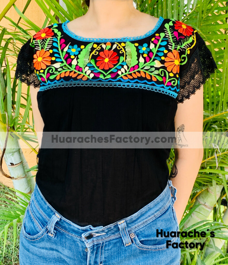 Habitual Alcanzar niebla rj00646 Blusa de manta negro bordada a maquina de flores artesanal mexicano  para mujer hecho en Chiapas mayoreo fabrica - Huarache´s Factory