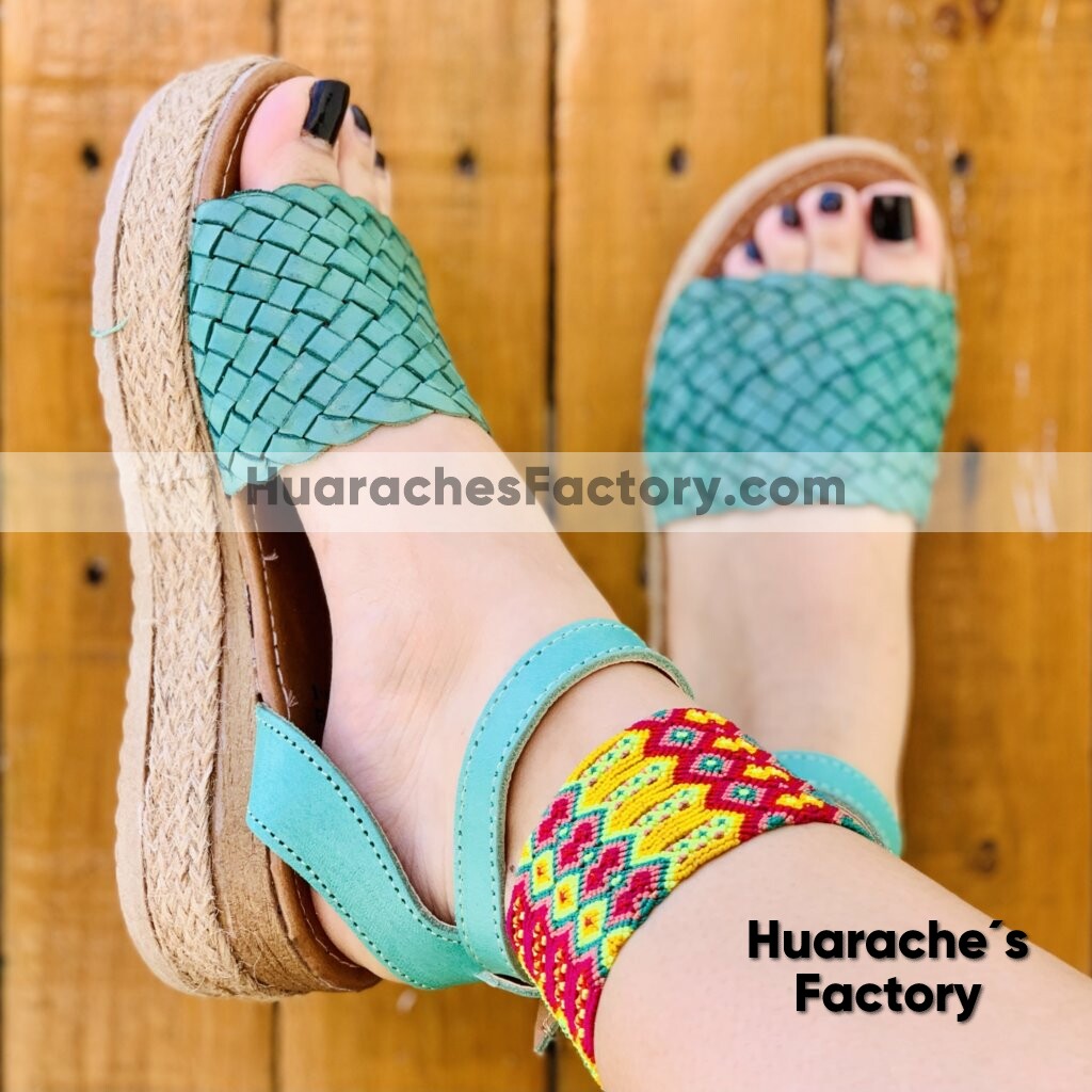 zs00964 Huaraches mexicanos artesanales trenza color turquesa altura de 5 mayoreo fabrica para mujer de plataforma - Huarache´s Factory