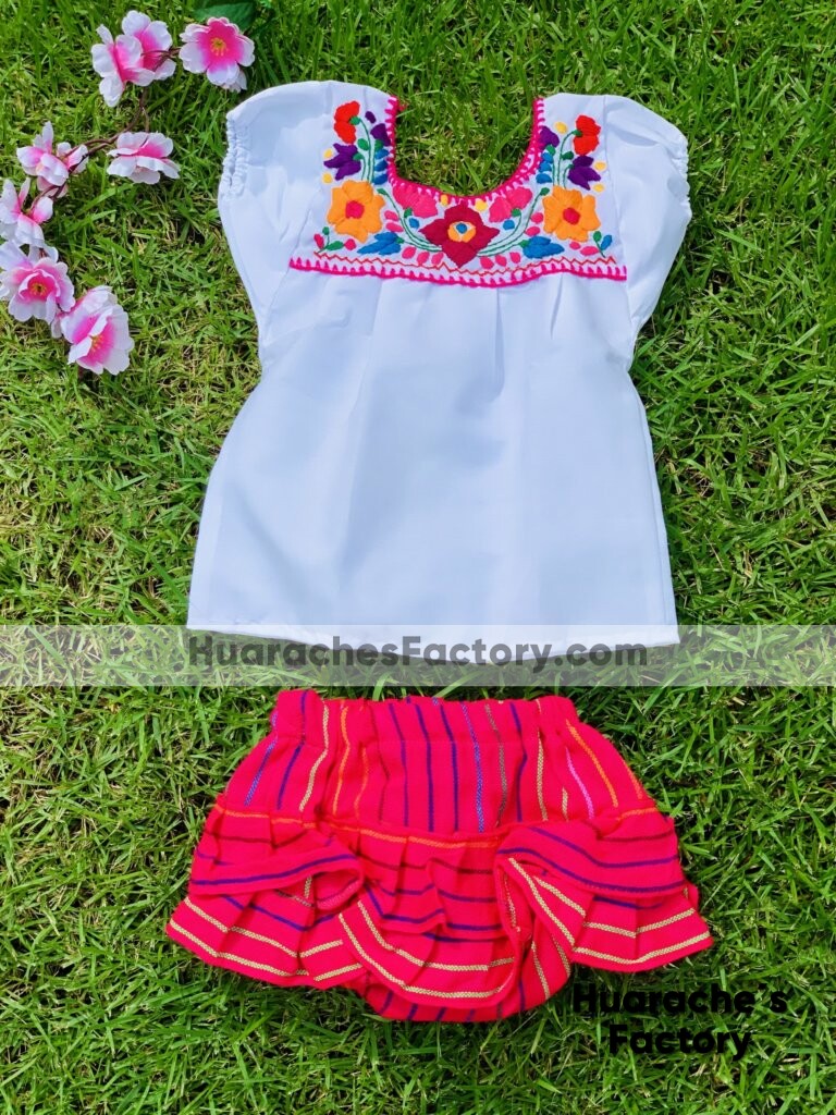Set de blusa tehuacan bordada a mano y pañalero tela cambaya para artesanal Proveedor Mayorista - Huarache´s