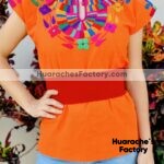 rj00764 Blusa Color Naranja de manta bordada a mano diseño de mosaico con flores hecho en Chiapas México mayoreo fabricante proveedor taller maquilador (1)