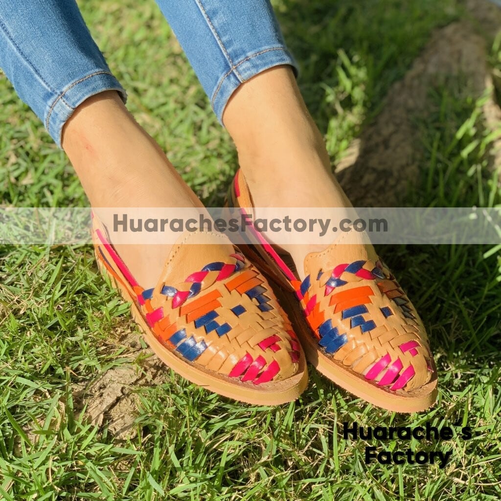 ZJ00963 Huaraches Piso Para Mujer Calidad Estándar Color Tan De Piel Con Multicolor Hecho En Sahuayo Michoacan México - Factory