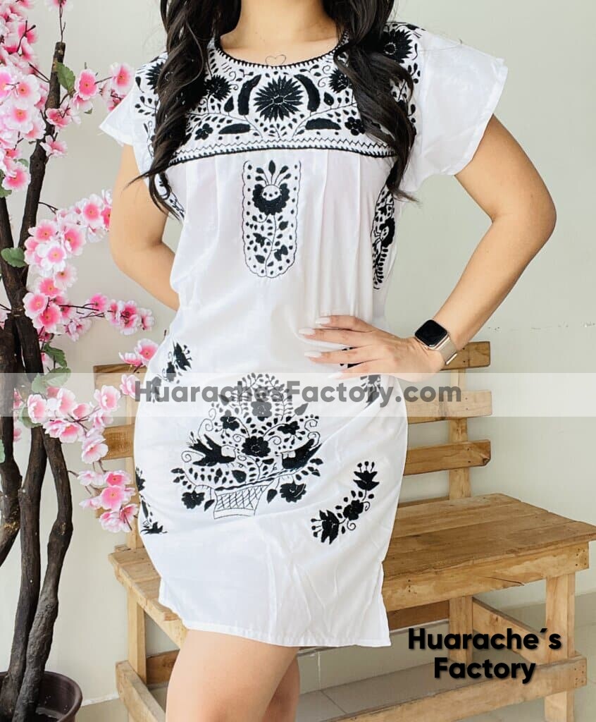 rj00514 Vestido bordado a mano tipo chanel manta color blanco artesanal mujer hecho Chiapas mayoreo fabrica - Huarache´s Factory